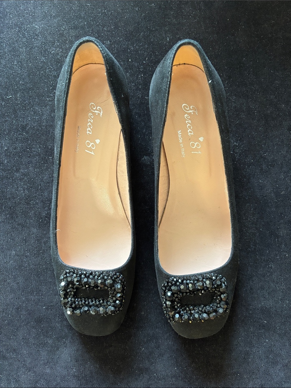 Black Embellished Suede Block Kitten Heels Square Toe